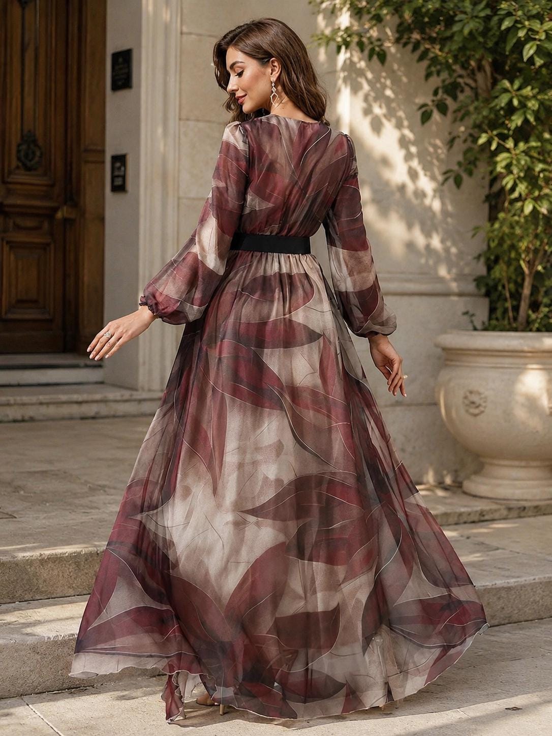 Women’s Burgundy Abstract Print Chiffon Maxi Dress - Image 2