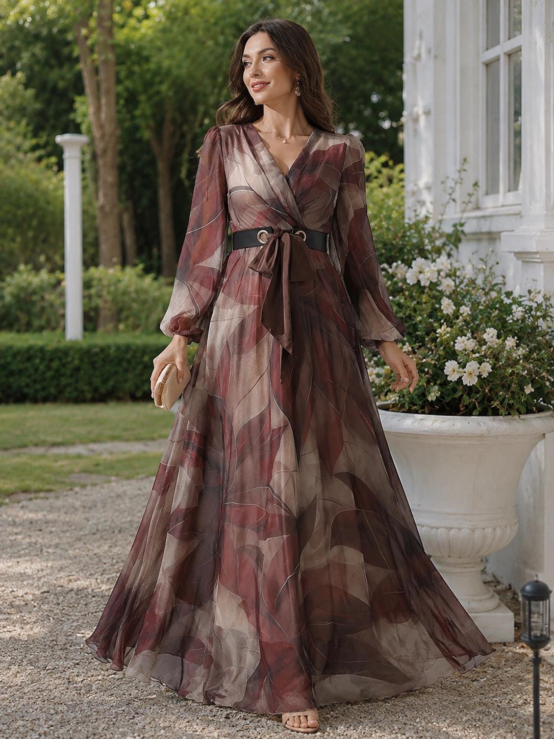 Women’s Burgundy Abstract Print Chiffon Maxi Dress - Image 3