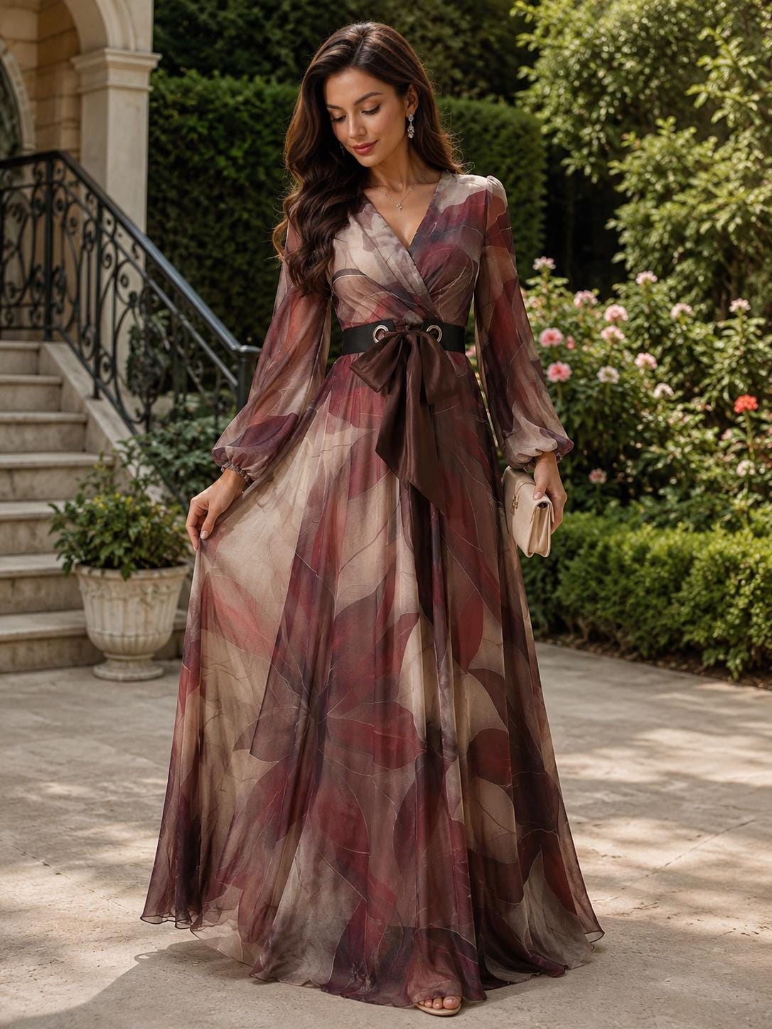 Women’s Burgundy Abstract Print Chiffon Maxi Dress - Image 5