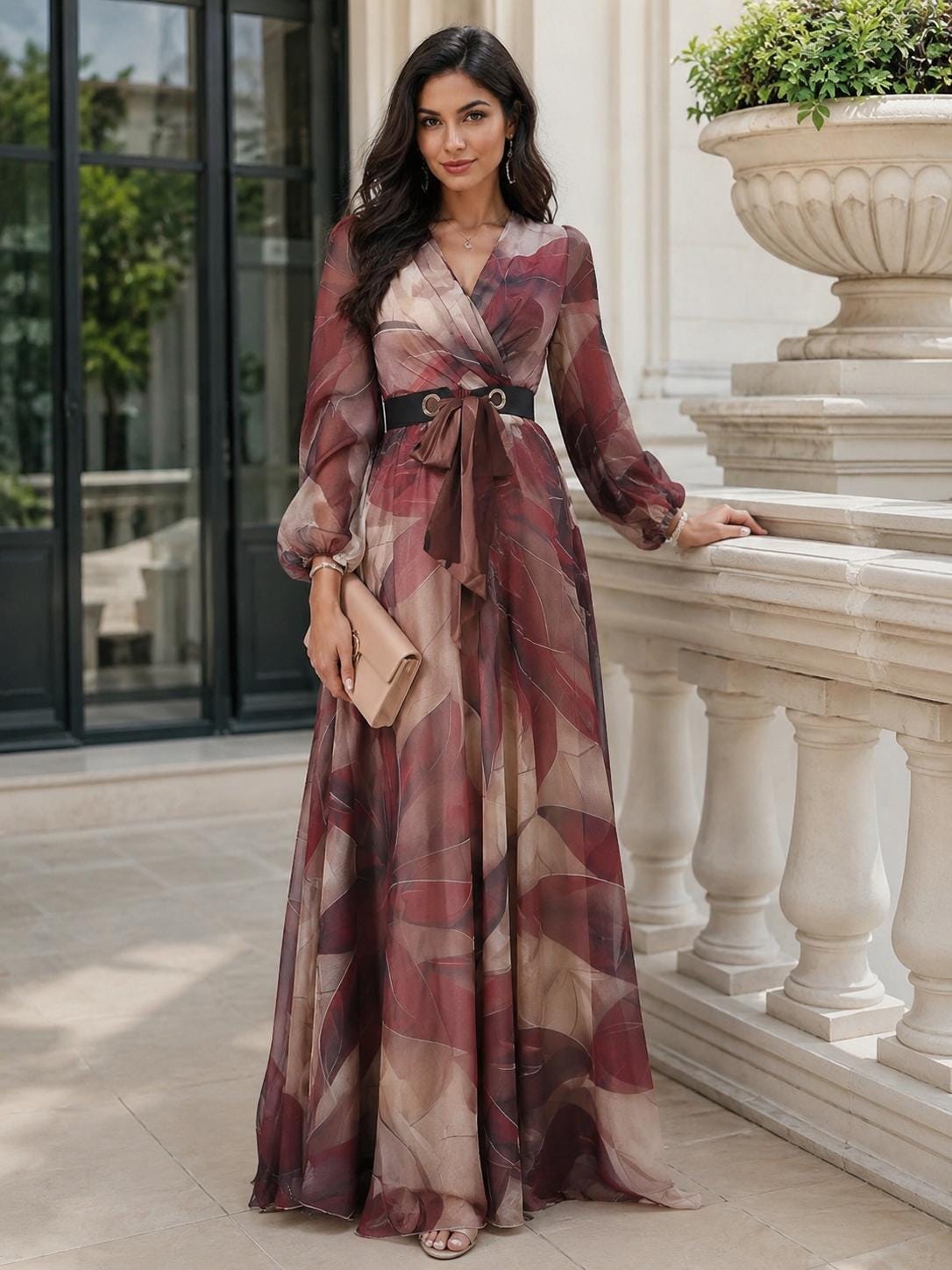 Women’s Burgundy Abstract Print Chiffon Maxi Dress - Image 6