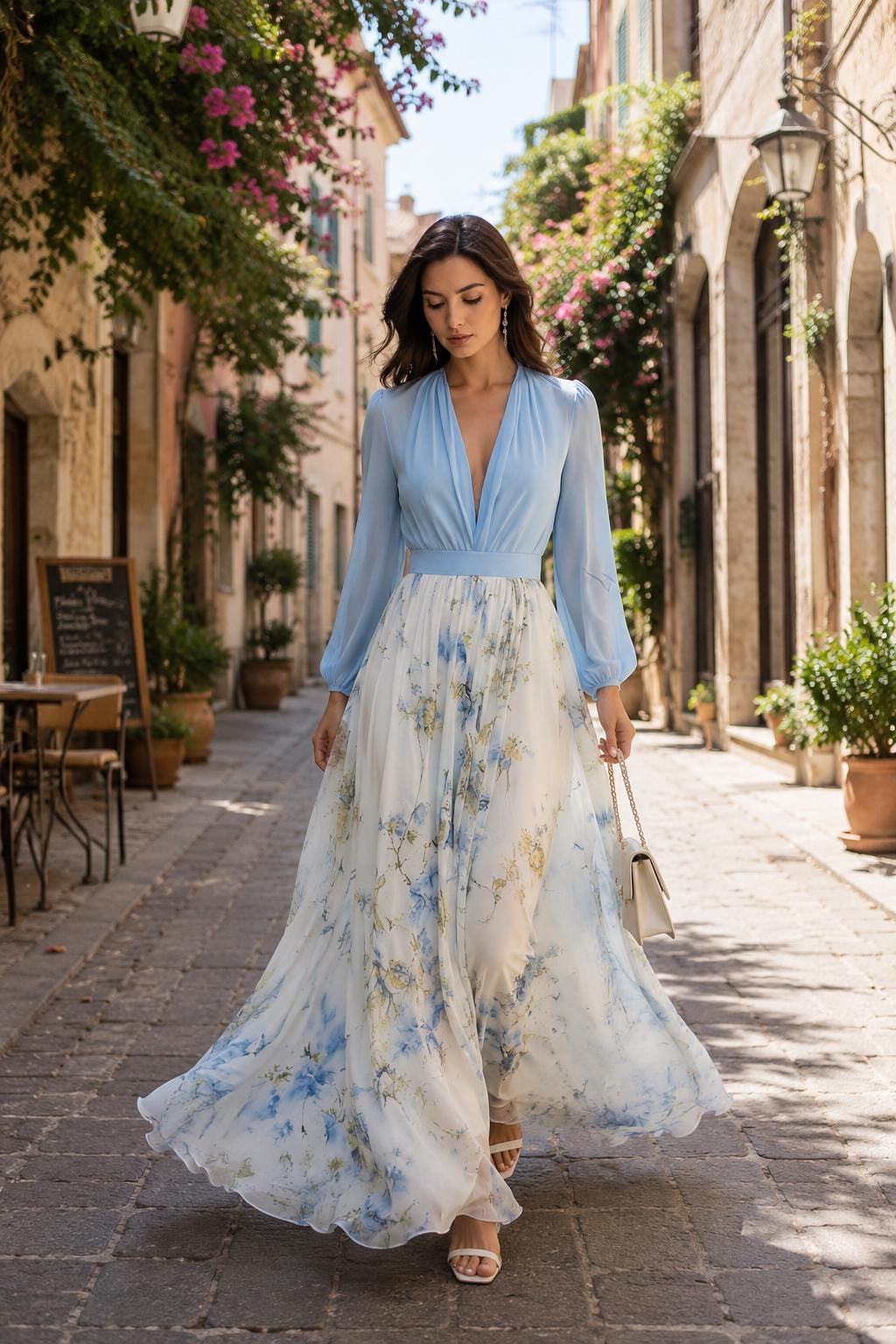 V-Neck Long Sleeve Chiffon Evening Gown - Image 2