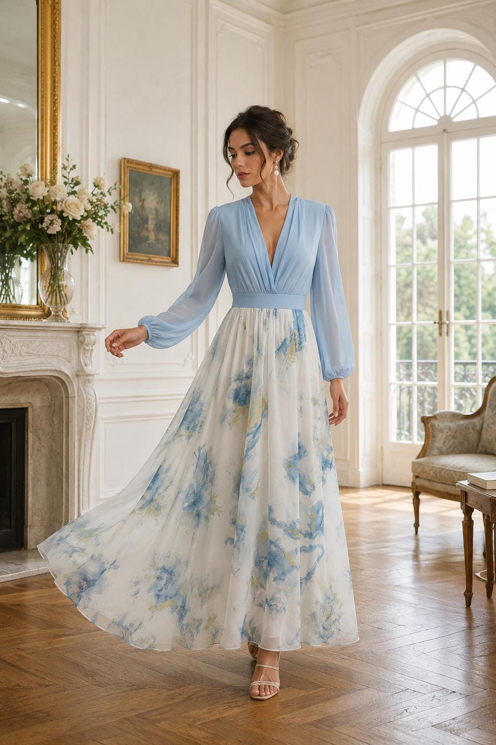 V-Neck Long Sleeve Chiffon Evening Gown