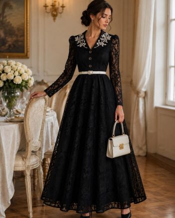 Embroidered Collar Long Sleeve Vintage A-Line Gown