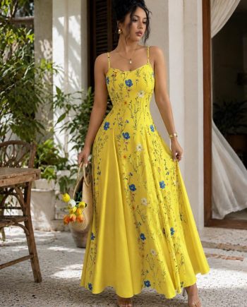 Women’s Yellow Blue Floral Maxi Sundress