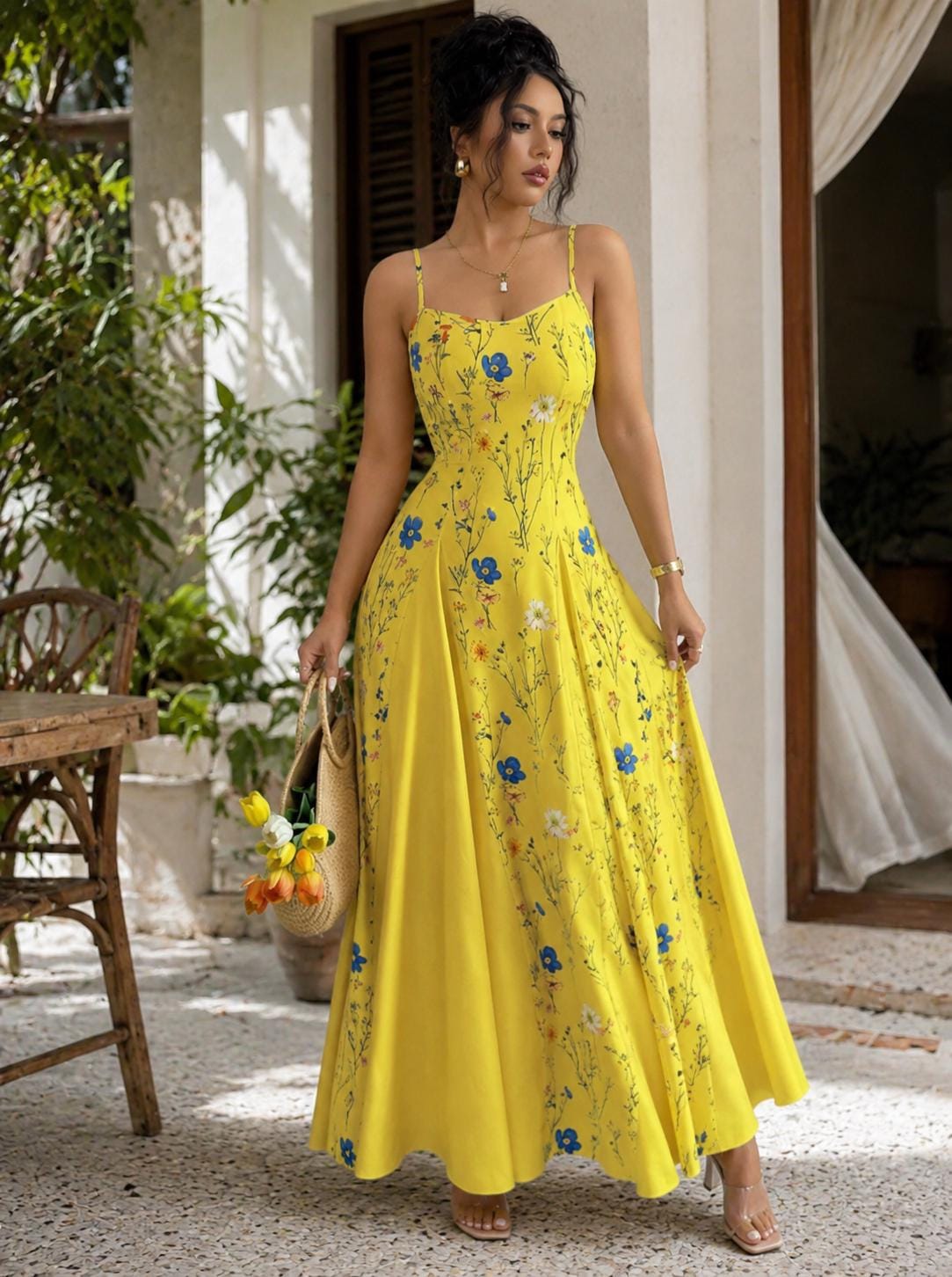 Women’s Yellow Blue Floral Maxi Sundress