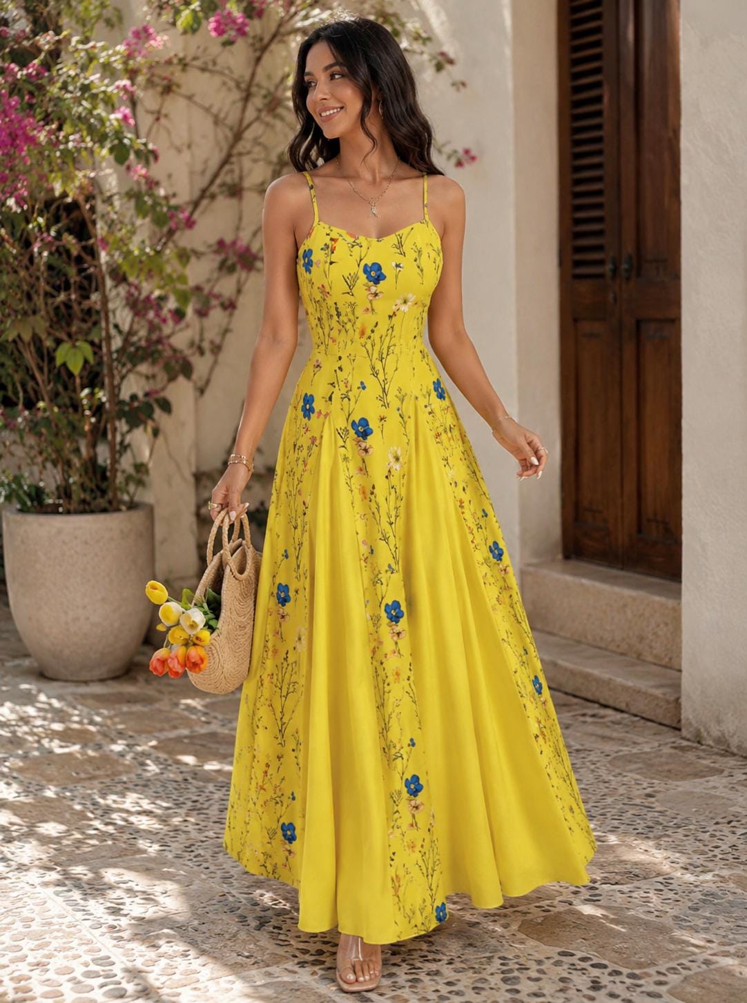 Women’s Yellow Blue Floral Maxi Sundress - Image 2