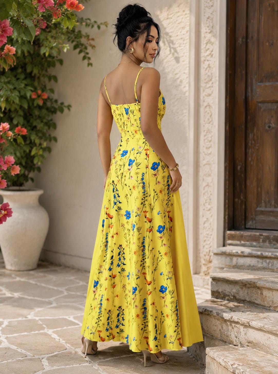 Women’s Yellow Blue Floral Maxi Sundress - Image 3