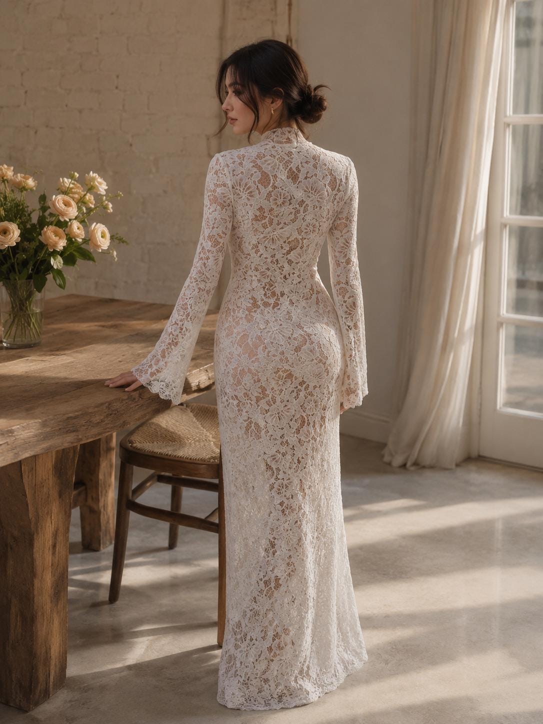 Women’s Elegant White Floral Lace Maxi Dress - Image 2
