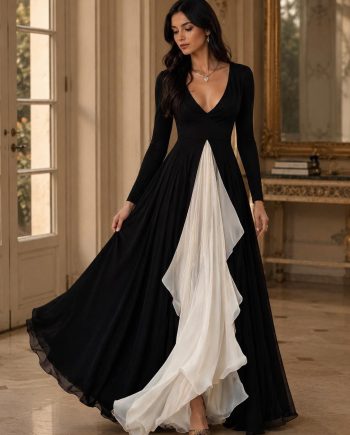 Women’s Elegant Black and White Contrast Maxi Dress