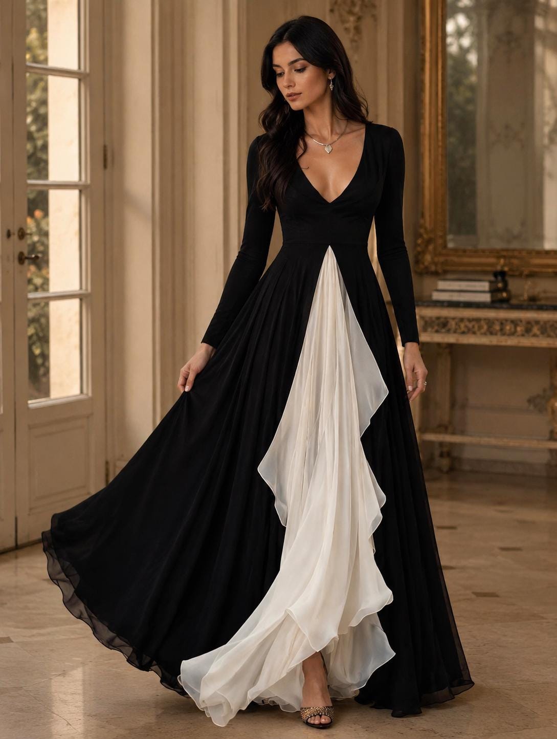 Women’s Elegant Black and White Contrast Maxi Dress