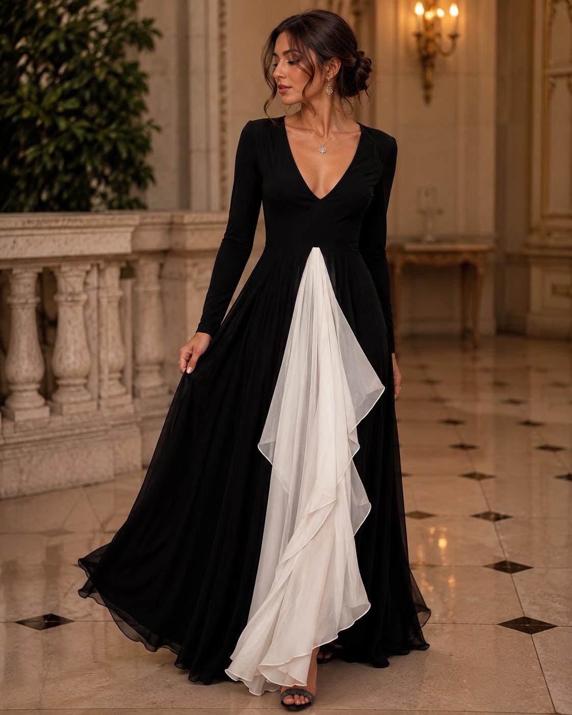 Women’s Elegant Black and White Contrast Maxi Dress - Image 4