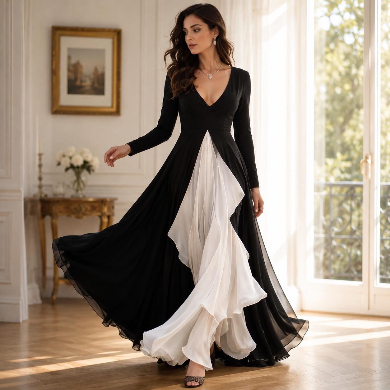 Women’s Elegant Black and White Contrast Maxi Dress - Image 5