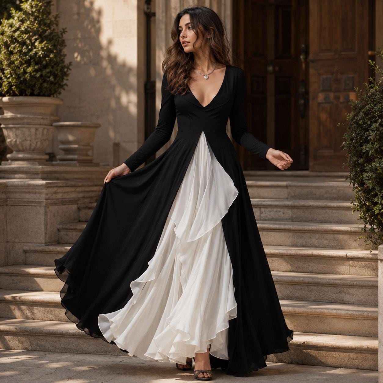 Women’s Elegant Black and White Contrast Maxi Dress - Image 3