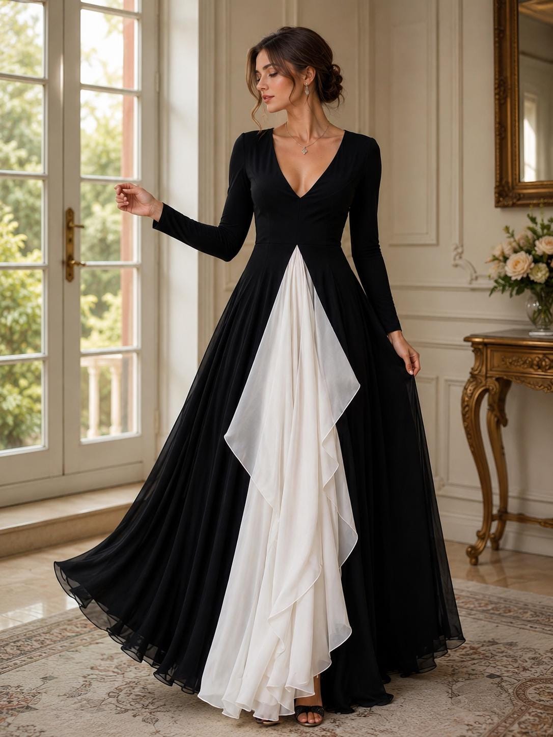 Women’s Elegant Black and White Contrast Maxi Dress - Image 2