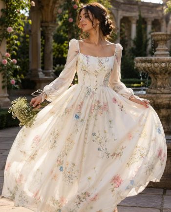 Square-Neck Puff Sleeve Cottagecore Gown