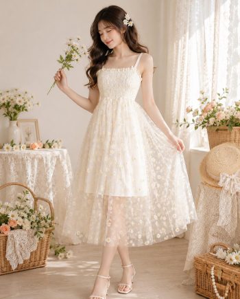 Women’s Romantic Daisy Embroidered Tulle Midi Dress