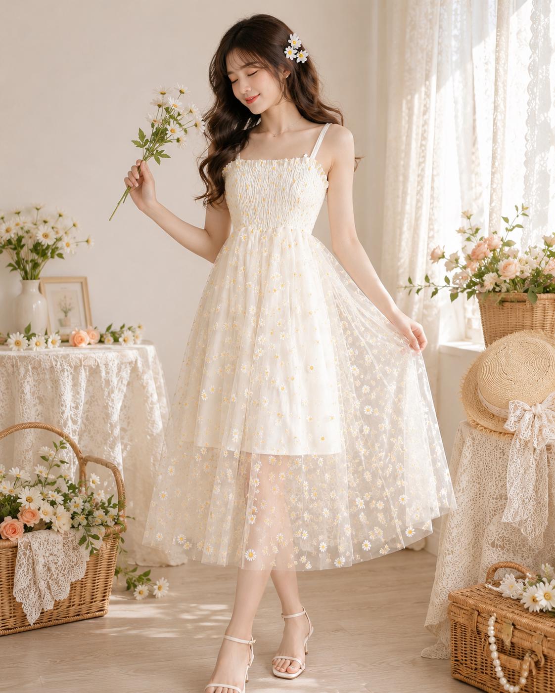 Women’s Romantic Daisy Embroidered Tulle Midi Dress