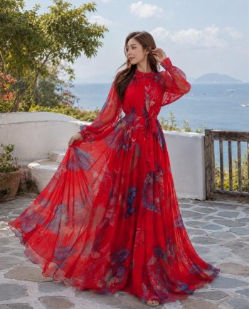 igh-Neck Belted Long Sleeve Evening Gown
