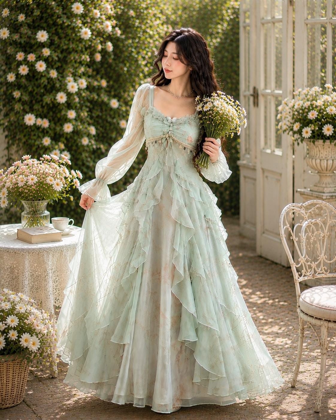 Lace-Up Corset Long Sleeve Fairy Gown