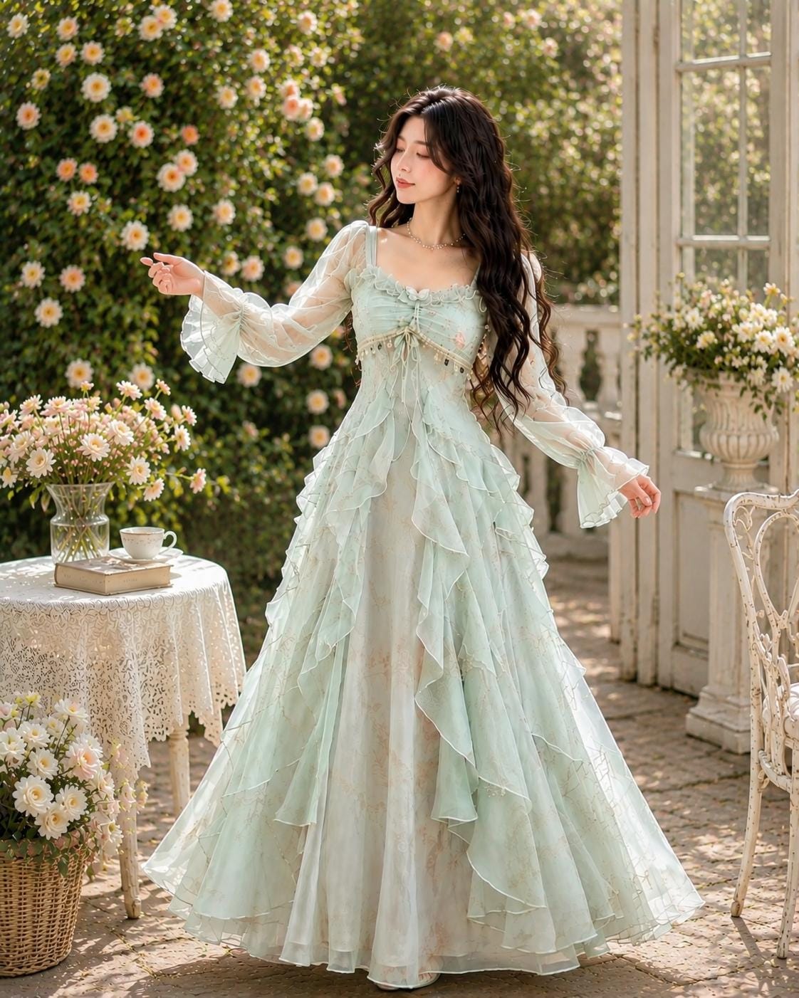 Lace-Up Corset Long Sleeve Fairy Gown - Image 2