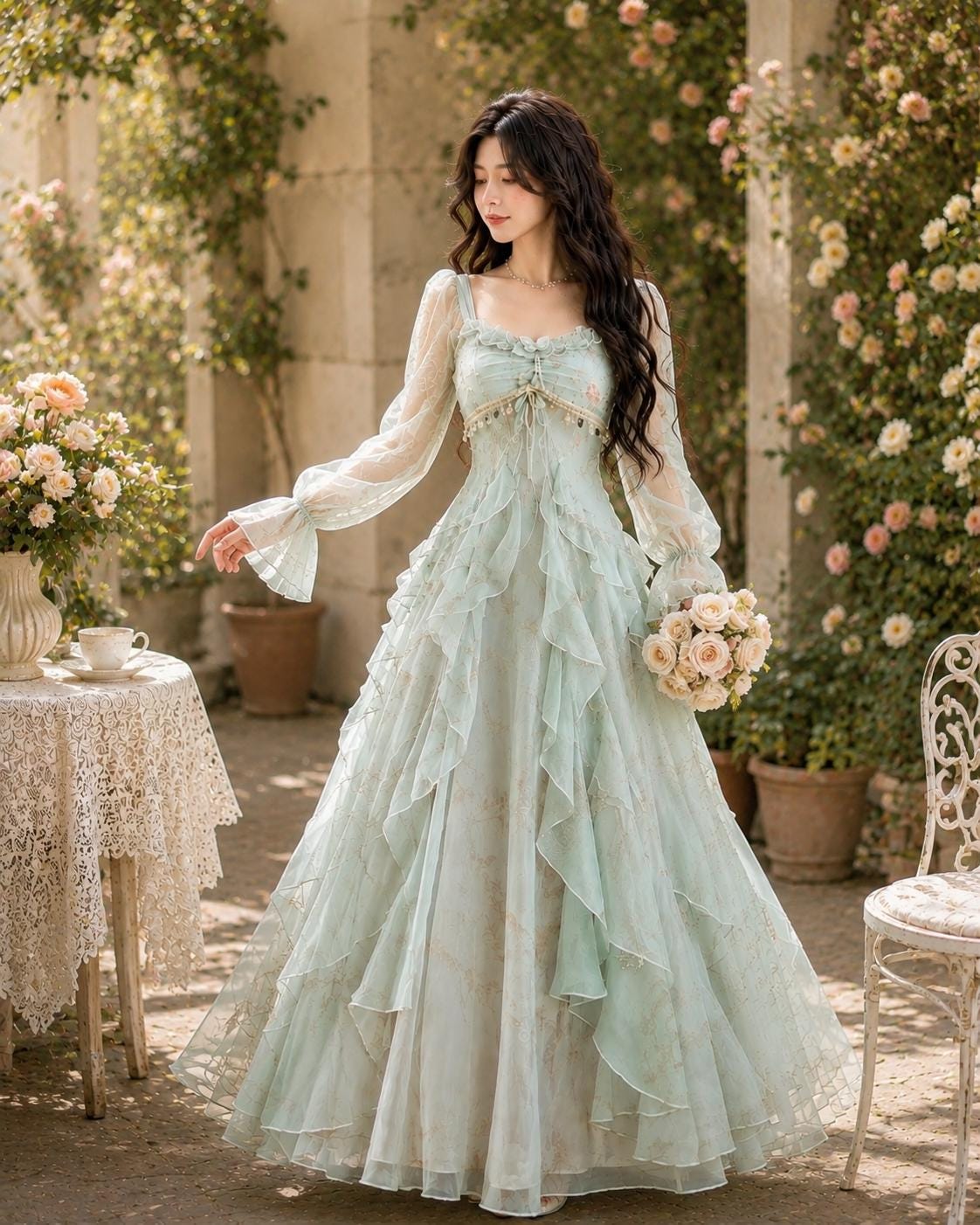 Lace-Up Corset Long Sleeve Fairy Gown - Image 3