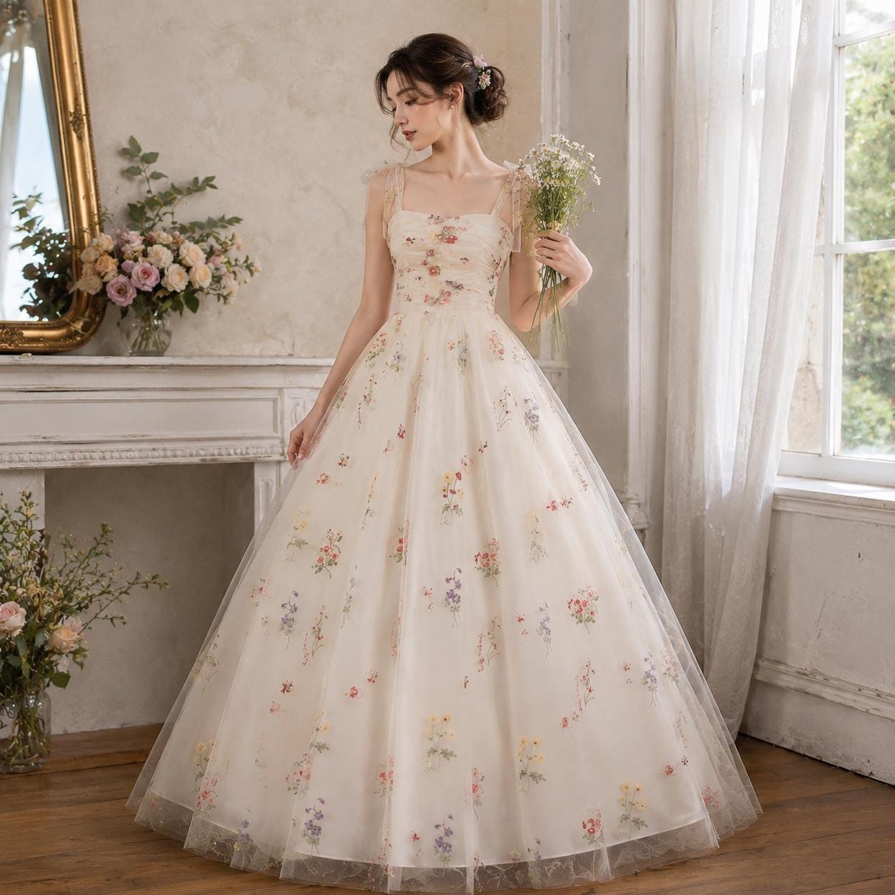 Women’s Ivory Floral Embroidered Tulle Ball Gown