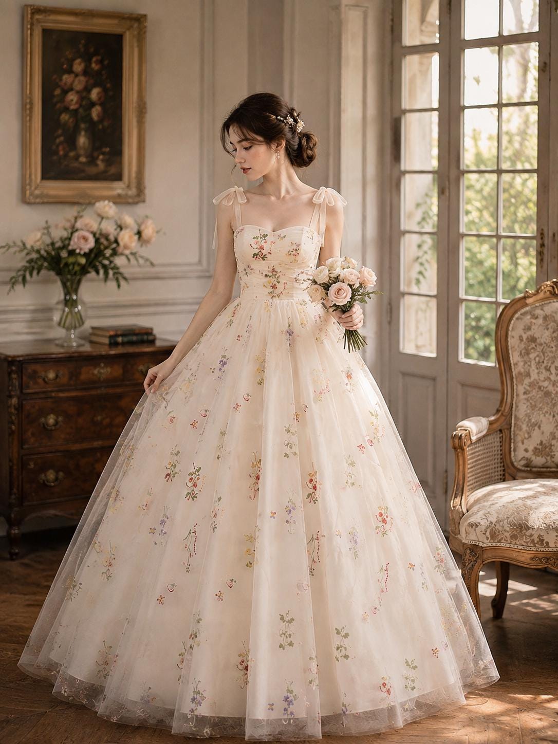 Women’s Ivory Floral Embroidered Tulle Ball Gown - Image 2