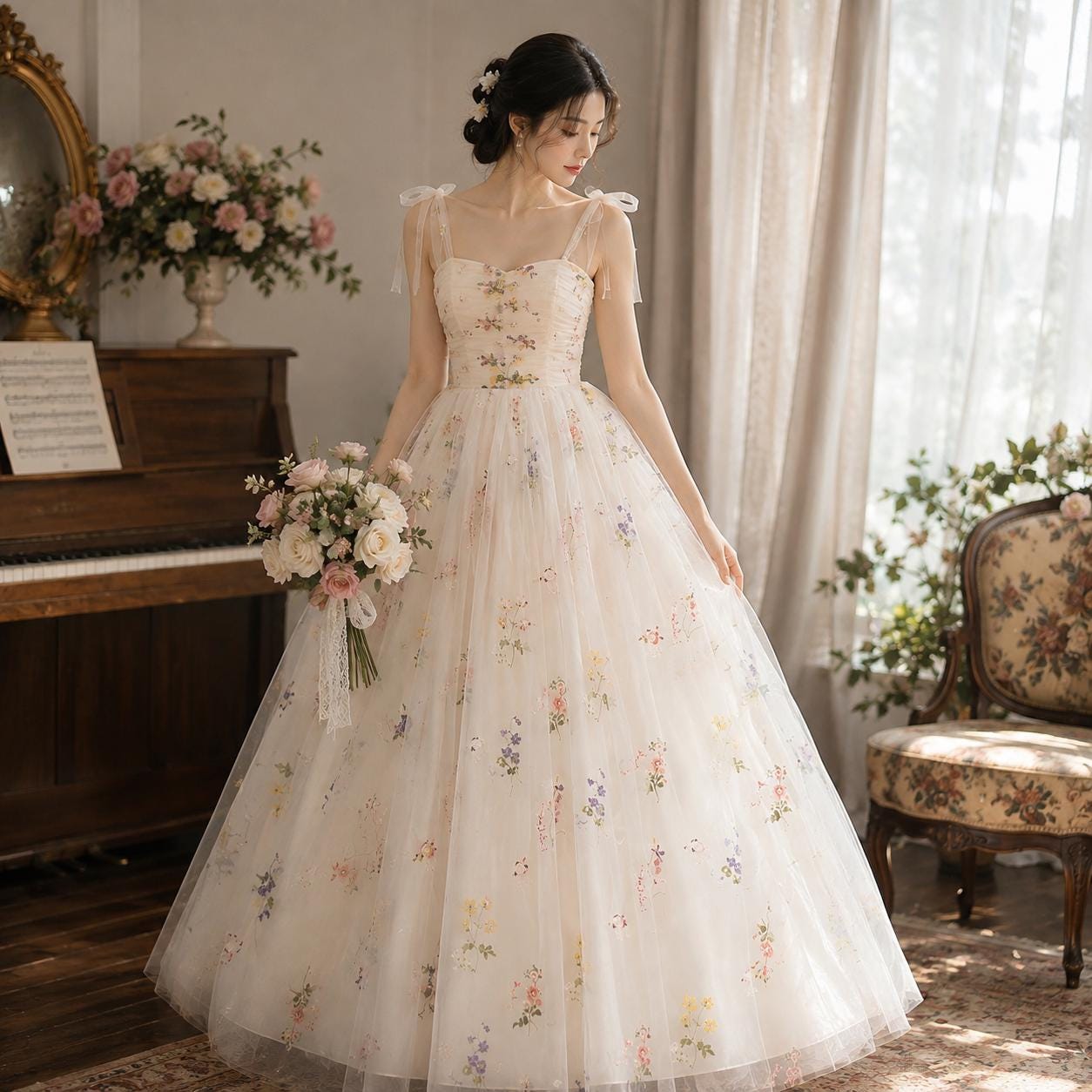 Women’s Ivory Floral Embroidered Tulle Ball Gown - Image 3
