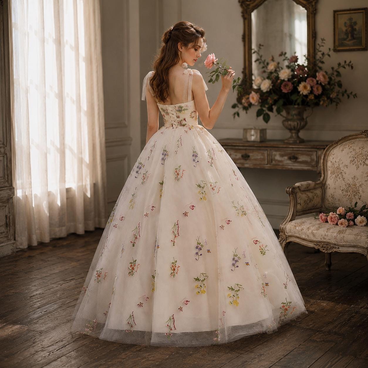 Women’s Ivory Floral Embroidered Tulle Ball Gown - Image 4